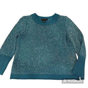 St John Teal Blue Wool Blend Woven Knit Sweater Size Medium